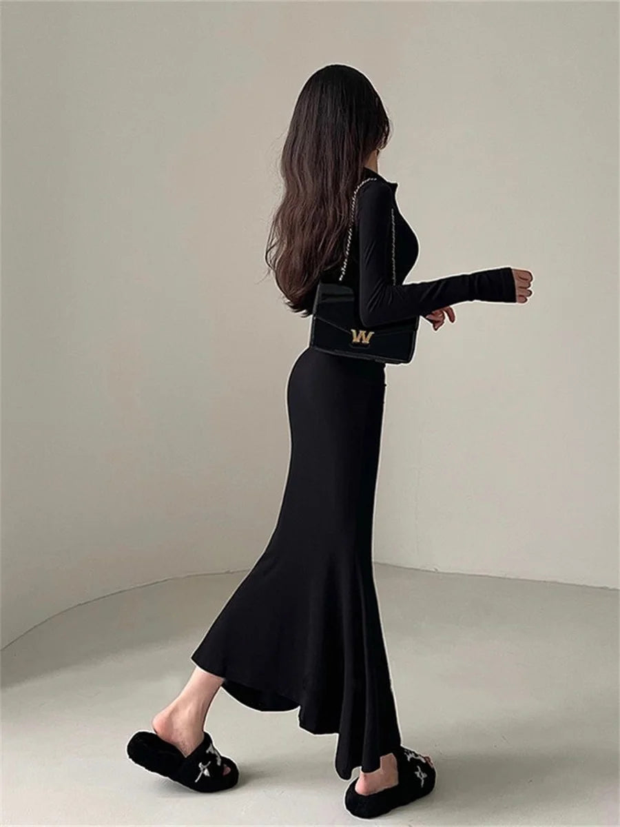 Autumn Style Long Sleeve Zipper Collar Mermaid Dress